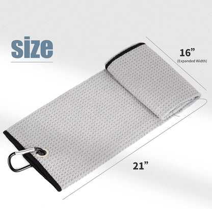 Microfiber Golf Towel, 16" X 24", Waffle Pattern Design with Carabiner Clip, Super Absorbent, Tri-Fold Large Golf Ball Towels, Golf Bag Accessories for Men and Women, Golf Gift（Gray）